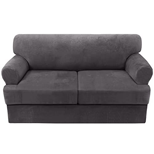 lot 6562098 image: H.VERSAILTEX Sofa Cover 3 Piece T Cushion Loveseat Slipcovers Thick Velvet Couch Cover Stretch T Cushion Sofa Covers for 2 Cushion Couch with 2 Individual T Cushion Covers Washable, Grey