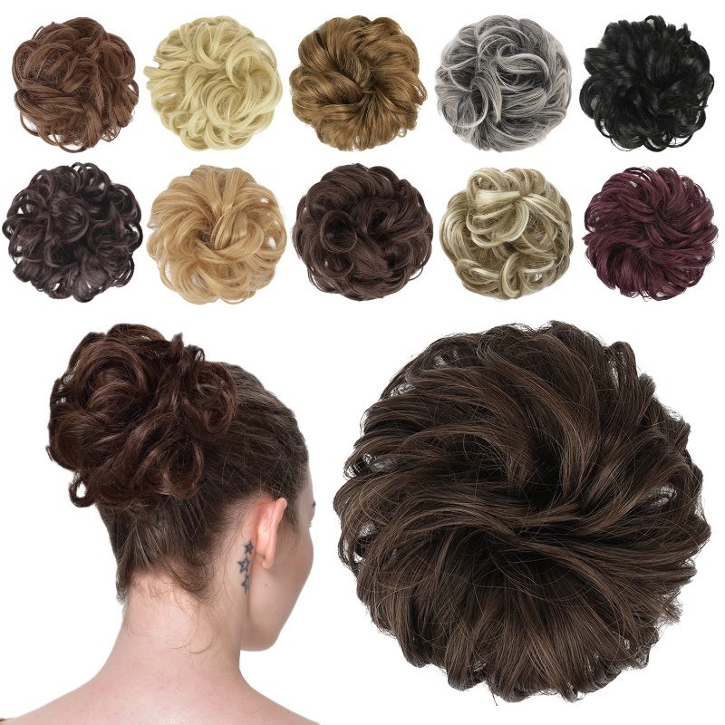 lot 6562158 image: FESHFEN Messy Hair Bun Hair Pieces Elastic Wavy Curly Hair Bun Scrunchies Extensions Synthetic Chignon Hairpieces for Women Girls, Dark Brown & Light Auburn Mixed 1 PCS