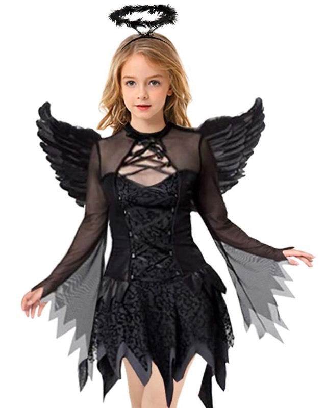 lot 6562187 image: Doxrmuru Girls Fallen Angel Dress for Halloween Costume with Black Wings (Black, 7-9 Years)