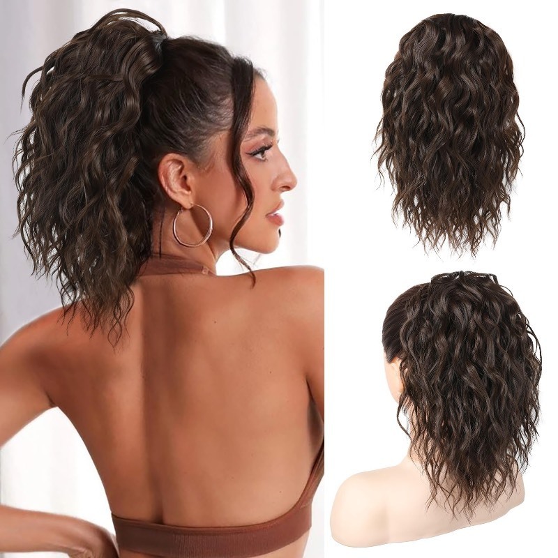 lot 6562191 image: SEIKEA Ponytail Extension, 14 Short Wavy Drawstring Ponytail Lightweight Multi Layered Fake Pony Tails Hair Extensions Natural Soft Clip in Hair Extensions Ponytail Dark Chocolate Brown