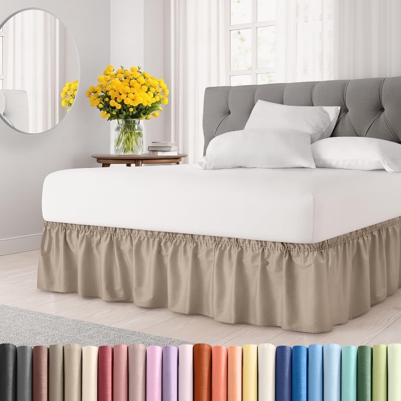 lot 6562230 image: Wrap Around Dust Ruffle Bed Skirt - Cream - Bed Skirt for Full Size Beds with 12 in. Drop - Easy Fit Elastic Strap - Pleated Bedskirt with Brushed Fabric - Wrinkle Free, Machine Wash - by CGK Linens