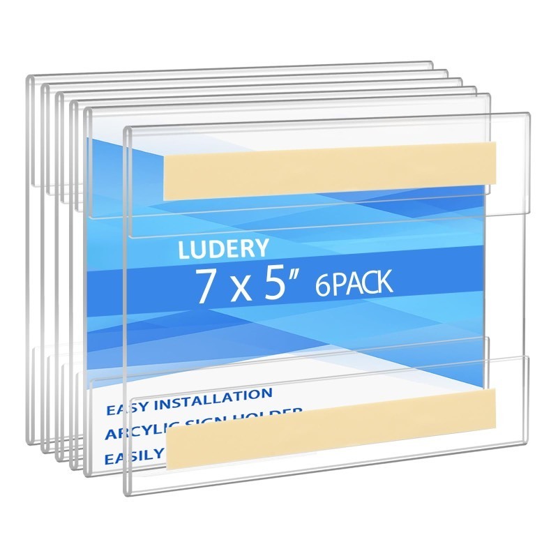 lot 6562429 image: Ludery Acrylic Sign Holder 5x7 Horizontal, Wall Mount Sign Holder Door Sign Holder Memo Holder Clear Wall Frame with Tape Adhesive for Office, Home, Store, Restaurant, No Drilling (6 Pack)