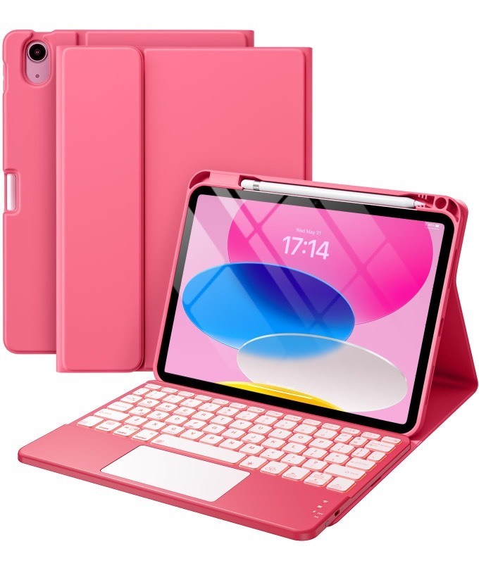 lot 6562430 image: Harvopu Compatible for iPad 10th Generation Case with Keyboard (10.9, 2022), Folio Keyboard Cover with Pencil Holder, Multi-Touch Trackpad, 7 Color Backlit, Detachable Keyboard for iPad 10 Gen (Pink)
