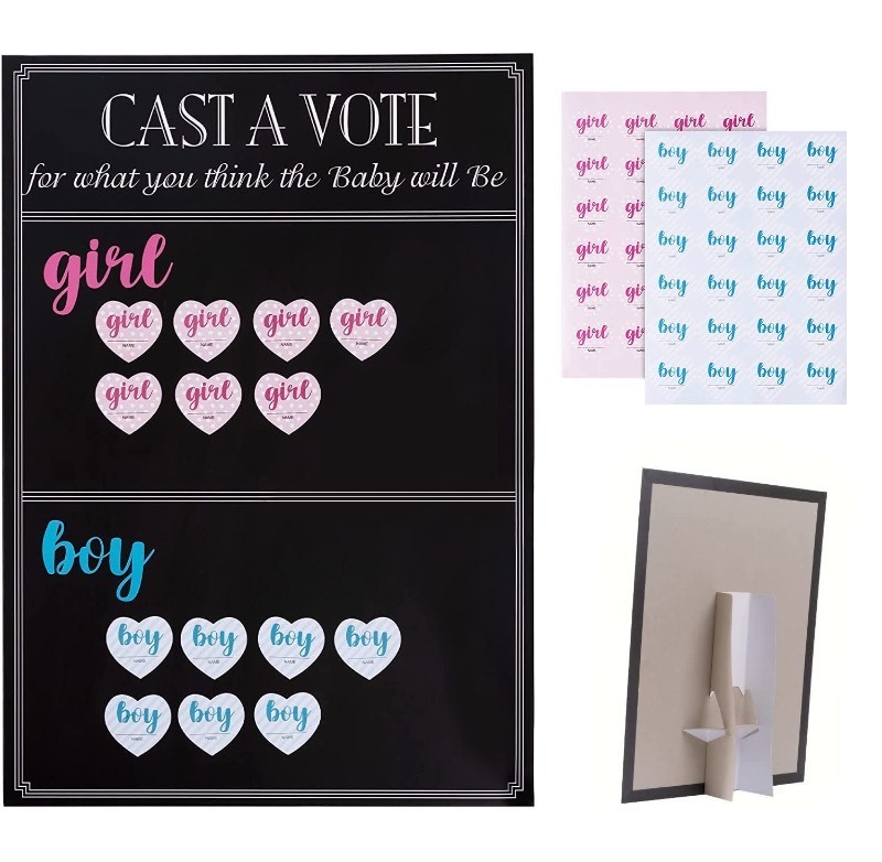 lot 6563035 image: Baby Gender Reveal Board Game with 144 Girl or Boy Voting Stickers, Cast Your Vote Sign with Stand - Chalkboard Design (12 x 17 in)