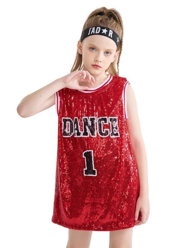 lot 6563191 image: LOLANTA Girls Hip Hop Dance Clothes Kids Jersey Sequin Dress Long Tank Top Jazz Cheerleading T-Shirt(Red,5-6)