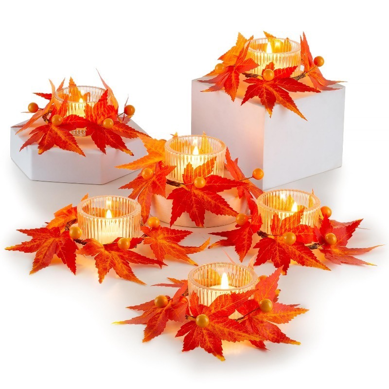 lot 6563205 image: Hewory Fall Candle Holder Centerpiece Thanksgiving Candle Holders Set of 6 with Maple Leaves Wreath & Berries, Glass Tealight Candle Holder Fall Decorations for Home Kitchen Thanksgiving Dinner Table