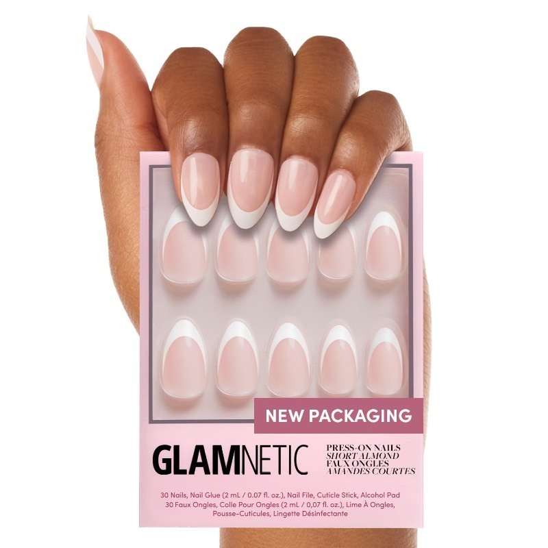 lot 6563209 image: Glamnetic Press On Nails - Ma Damn  French Tip , UV Finish Short Pointed Almond Shape, Reusable Semi-Transparent Nails in 12 Sizes - 24 Nail Kit with Glue