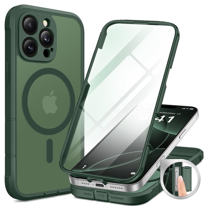lot 6563236 image: BERFY Magnetic for iPhone 16 Pro Max Case, Compatible with MagSafe, Built-in 9H Tempered Glass Screen Protector & Camera Protection Full Body Translucent Matte Phone case for 16 Pro Max, Deep Green