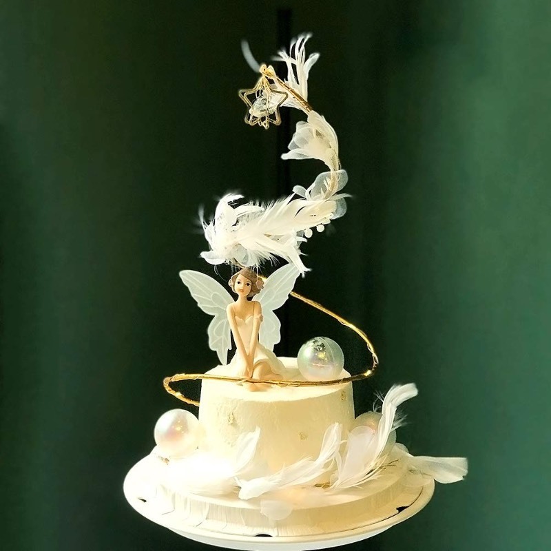 lot 6563434 image: Fairy Angel Themed Cake Topper - Fairy, Star circle, 2 Feather, 3 Color transparent ball, Food Contact Safe Doll Base