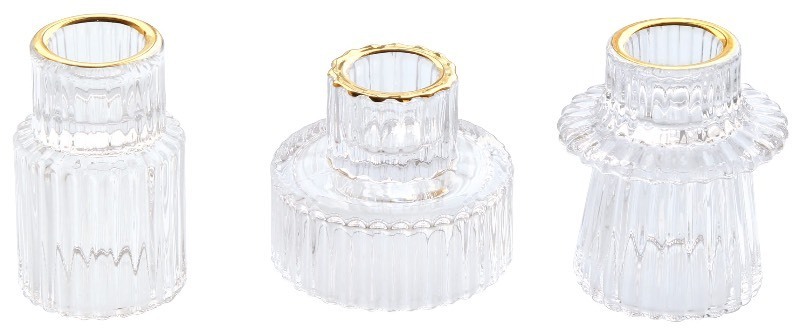 lot 6563441 image: Vixdonos Taper Glass Candlestick Holders Tealight Candle Holders for Table Centerpieces, Wedding Decor and Dinner Party (3 Pcs, Gold Rim Clear)