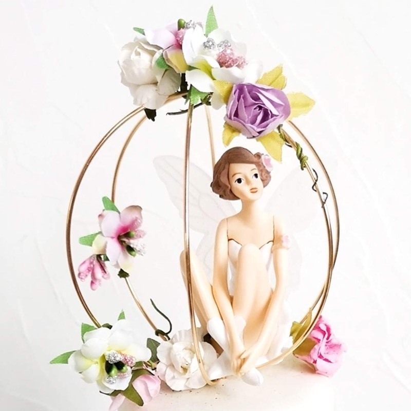 lot 6563449 image: Fairy Garden Houses Cake Topper, DIY Birthday Wedding Cake Decoration- Set of 5 - Fairy, Flower, Gold Hollow Out Ball, LED light and Food Contact Safe Doll Base
