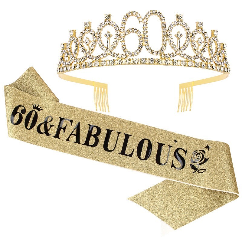 lot 6563505 image: Casoty 60th Birthday Sash and Tiara for Women, Gold Crown 60 and Fabulous Sash & Crown Set, 60th Birthday Gifts for Women, 60th Birthday Decorations Women