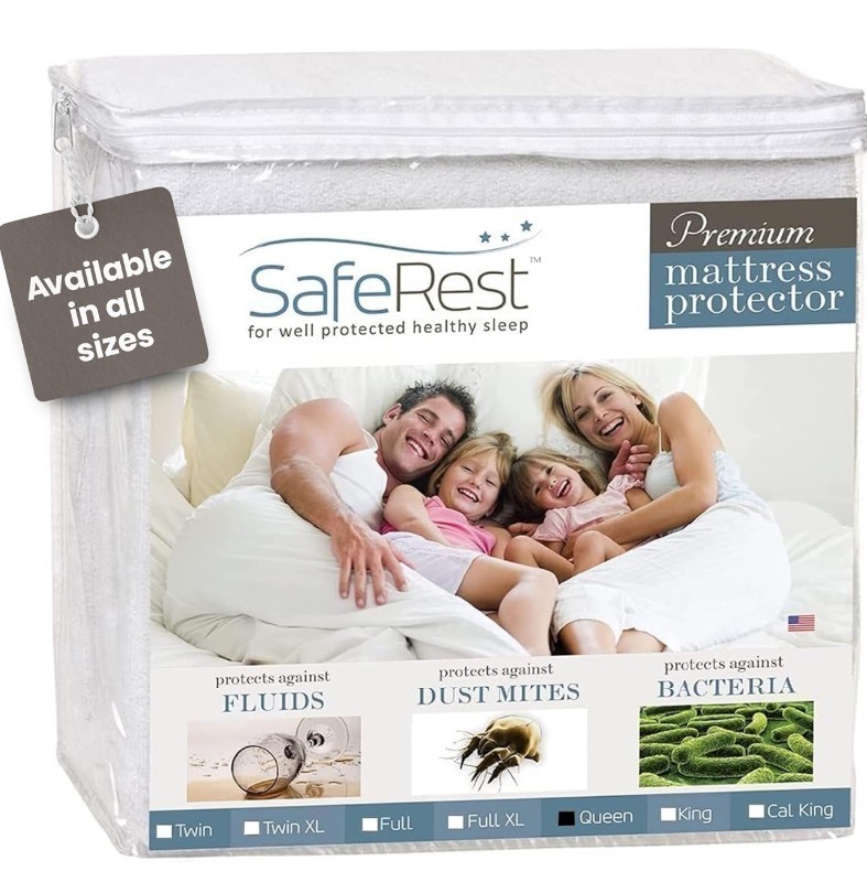 lot 146 image: New SafeRest 100% Waterproof Queen Size Mattress Protector - Fitted w Stretchable Pockets - Machine Washable Cotton Mattress Cover for Bed