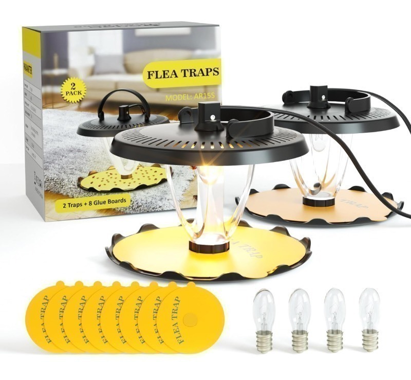 lot 73 image: New 2 Pack Flea Traps for Inside Your Home w 4 Replacement Light Bulbs and 8 Sticky Glue Boards, Odorless Flea Light Trap for Indoor (Black)