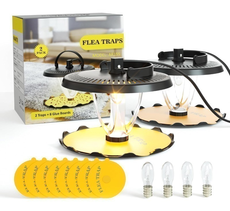 lot 74 image: New 2 Pack Flea Traps for Inside Your Home w 4 Replacement Light Bulbs and 8 Sticky Glue Boards, Odorless Flea Light Trap for Indoor (Black)