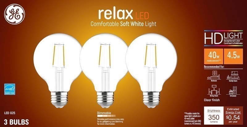lot 188 image: New 3 Pack of GE Relax LED HD Light Bulbs, 40 Watt, Soft White, G25 Globe Bulbs, Clear, Medium Base 36850