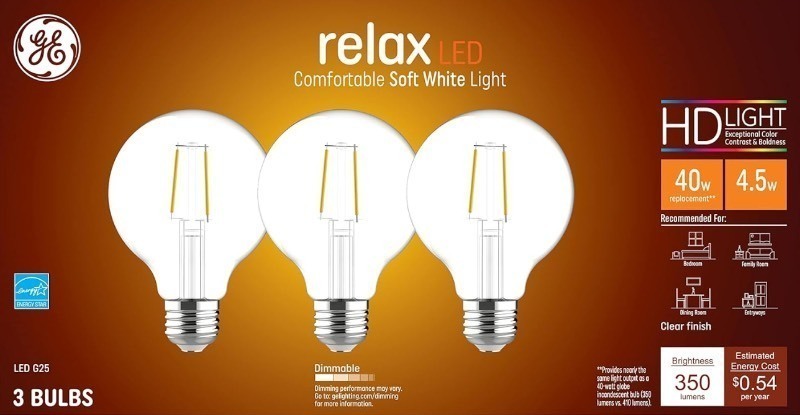 lot 189 image: New 3 Pack of GE Relax LED HD Light Bulbs, 40 Watt, Soft White, G25 Globe Bulbs, Clear, Medium Base 36850