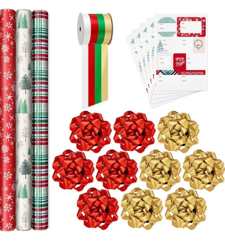 lot 83 image: 2 New Boxes of Hallmark Rustic Red and Green Christmas Wrapping Paper Set (90 sq. ft. ttl, 10 Bows, 4 Ribbon Colors, 40 Gift Tag Stickers per Box) Snowflakes, Trees, Plaid