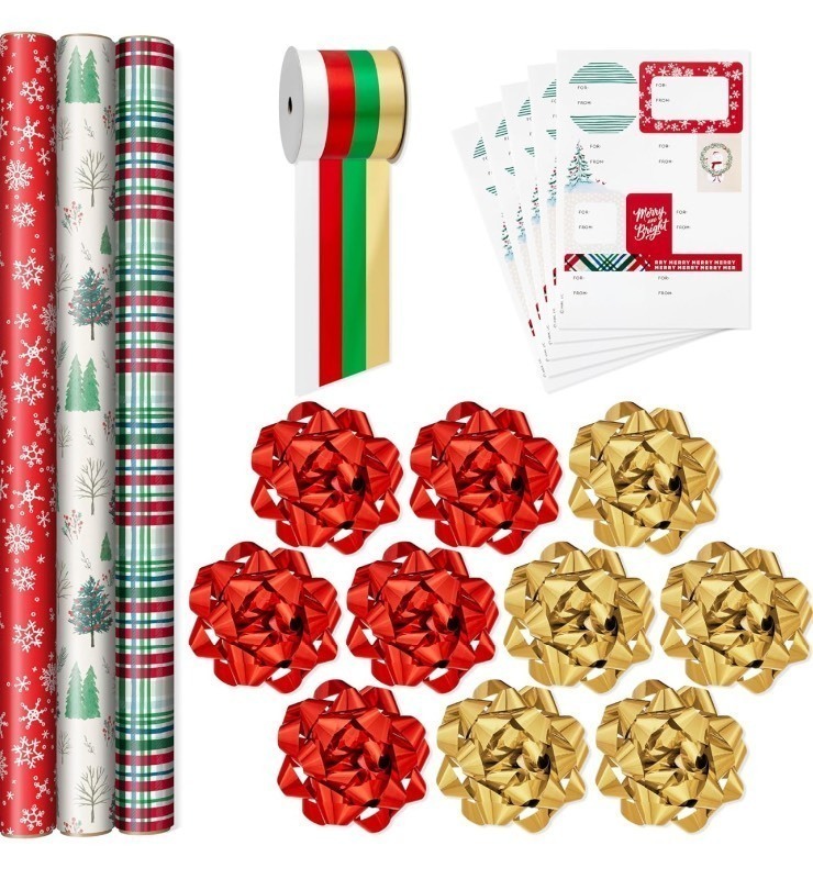 lot 84 image: 2 New Boxes of Hallmark Rustic Red and Green Christmas Wrapping Paper Set (90 sq. ft. ttl, 10 Bows, 4 Ribbon Colors, 40 Gift Tag Stickers per Box) Snowflakes, Trees, Plaid