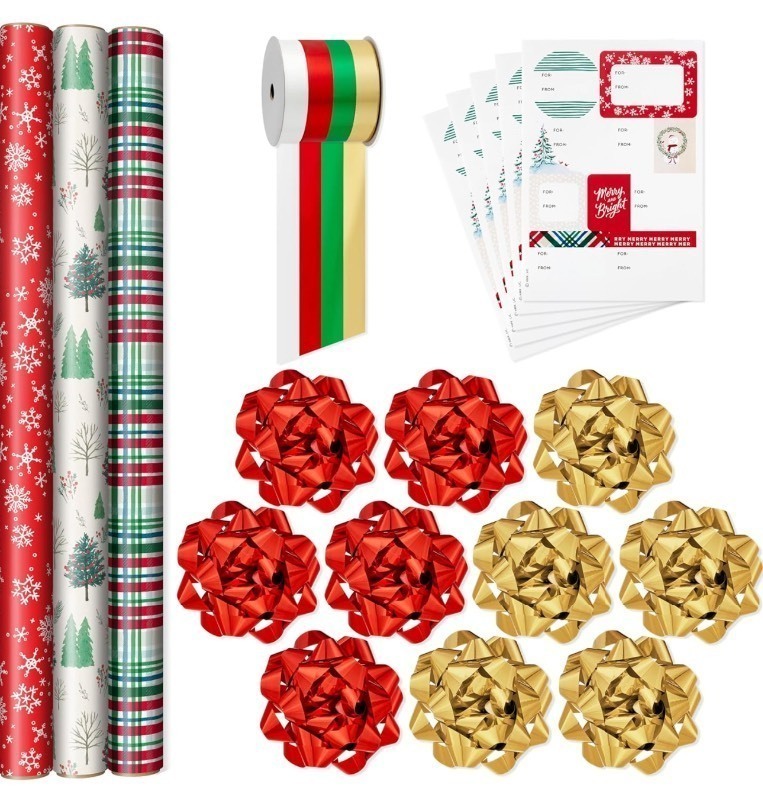 lot 85 image: 2 New Boxes of Hallmark Rustic Red and Green Christmas Wrapping Paper Set (90 sq. ft. ttl, 10 Bows, 4 Ribbon Colors, 40 Gift Tag Stickers per Box) Snowflakes, Trees, Plaid
