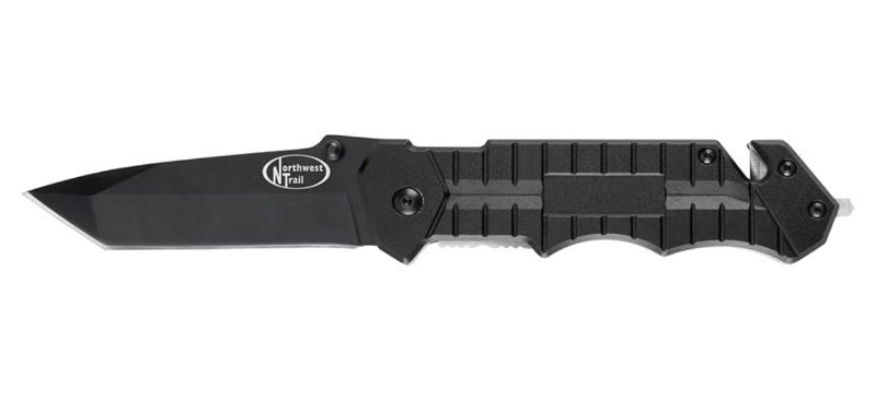 lot 80 image: New Northwest Trail W9356 Straight Edge Tanto Blade Pocket Knife w Seat Belt Cutter and Glass Breaker, 7.5-Inch Overall Open Length, Black