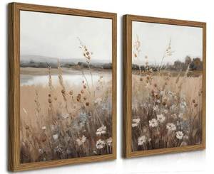 lot 16482 image: Framed Vintage Wildflower Wall Art Set of 2, Retro Country Floral Canvas Wall Decor Paintings, Farmhouse Field Landscape Posters Prints for Bedroom Bathroom Living Room Home Decor 16x24In Wood Frame