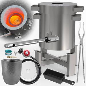 lot 16483 image: Nelyrho 100 oz Troy Ounce Cast Iron Loaf Bar Ingot Mold with Full Stainless Steel Propane Smelting Furnace Kit with 7kg Crucible, Support Stand, Tongs etc.