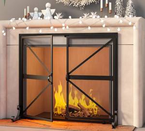 lot 16495 image: Fire Beauty Fireplace Screen with Doors, 2-Pannel Handcrafted Solid Wrought Iron Decorative Mesh,Baby Safe Proof Firewood Burning Stove Accessories(Black)