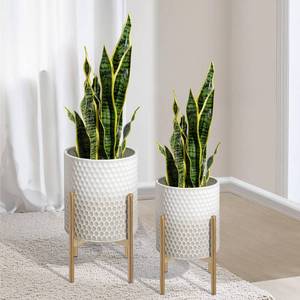 lot 16512 image: Oakrain Mid Century Planters for Indoor Plants, Set of 2, Modern Decorative Metal Pots for Living Room, Office, Garden or Balcony, Gray and White Gradient Planter with Stand, 8 inch&10 inch