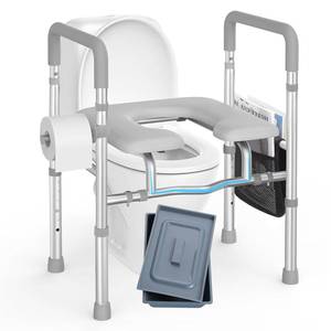lot 16515 image: Roylvan Raised Toilet Seat with Handles -HSA 400LB Adjustable Width Height Elevated Toilet Seat Riser for Seniors with Cozy Padded Armrests Handles Paper Holder Bedside Commode for Elderly,WhiteBlack