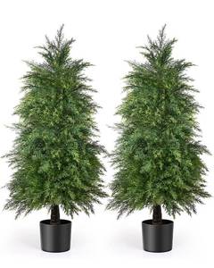 lot 16524 image: YEMMEN 2 Pack 4ft Artificial Cedar Topiary Trees for Outdoor Front Porch D�cor, UV Rated Fake Potted Plants for Indoor and Outdoor Use 