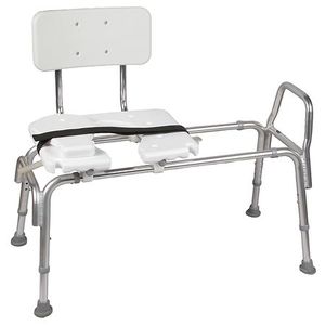 lot 16528 image: DMI Transfer Bench Sliding Shower Chair - HealthSmart Adjustable Height, 400 lb Capacity, Bath Bench with Non-Slip Feet - Retail $531