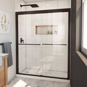 lot 18270 image: DreamLine Duet Plus 56-60 in. W x 72 in. H Semi-Frameless Bypass Sliding Shower Door Oil Rubbed Bronze frame only