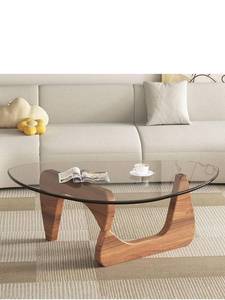 lot 18271 image: Coffee Tables for Living Room - Triangle Glass Coffee Table with Wooden Base Mid-Century Modern Abstract End Table for Study Room Office Hotel Balcony (Walnut Transparent, Large 50  35.8  16in)