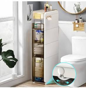 lot 18273 image: 4 Tier Narrow Slim Bathroom Storage Cabinet, Skinny Bathroom Storage with Drawers Toilet Paper Holder, Waterproof Movable Bathroom Storage Organizer for Small Space, Kitchen, Laundry, Living Room