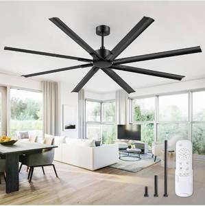 lot 18276 image: 84 Inch Industrial DC Motor Ceiling Fan, Large Ceiling Fan with 8 Reversible Blades, 3 Downrods, 6-Speed Remote Control, Home or Commercial Ceiling Fans for PorchGarageShop, Black