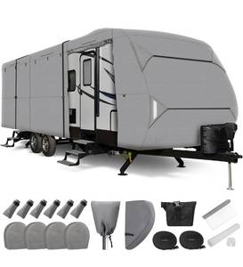lot 18288 image: Leader Accessories Travel Trailer RV Cover Windproof Extra Thick Upgraded 5 Layers Camper Cover with Adhesive Repair Patches (1Grey, Fits 30-33)