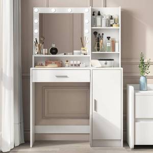 lot 18307 image: Palimder Vanity Desk with Mirror and Light, Large Drawer and Three Level Storage Dresser, 3 Lighting Modes Adjustable Brightness, Bedroom Dressing Table (White) - Retail $157.21