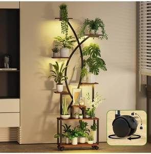 lot 18326 image: Plant Stand Indoor Plants Shelf Metal 8 Tiers 4 Lights Stands with Wheels- Grow Light Flower Shelves for Living Room