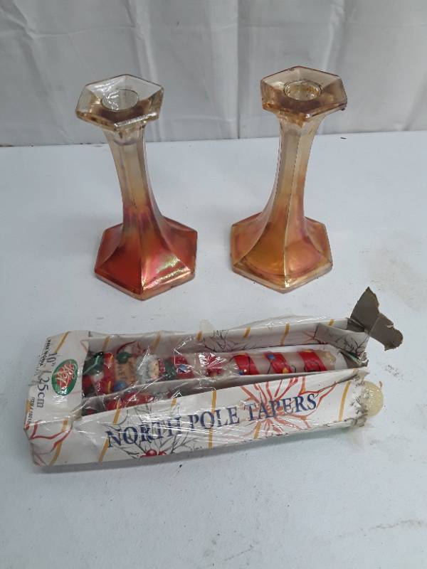 lot 55954 image: Antique Candle Holders with Christmas Candles