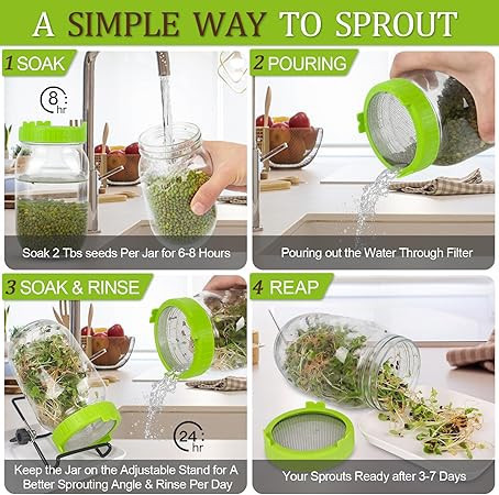 lot 56535 image: Sprouts Growing Kit, 2 Sprouting Jar Kits & Superior Sprout lids, Blackout Sleeves, Drain Tray, Stainless Steel Stand, Growing Kit for Broccoli, Alfalfa, Beans & Mushroom by YeeGeell (2 Pcs)