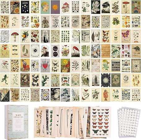 lot 56547 image: 100PCS Vintage Photo Wall Collage Kit Aesthetic Posters, Double-Sided Printed Botanical Illustration Tarot Aesthetic Pictures for Cottage Core Vintage Room Decor (Vintage Set of 200Pictures)