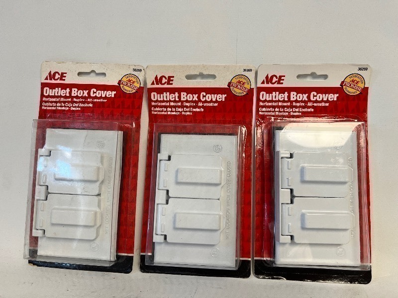 lot 279 image: 3 ACE OUTDOOR OUTLET BOX DUPLEX COVER WHITE,