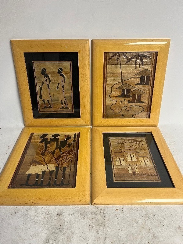 lot 667 image: 4 MATCHING AFRICAN HERITAGE THEME - BEAUTIFUL GLOSSY WOOD FRAMES 16.5 x 13.5 each