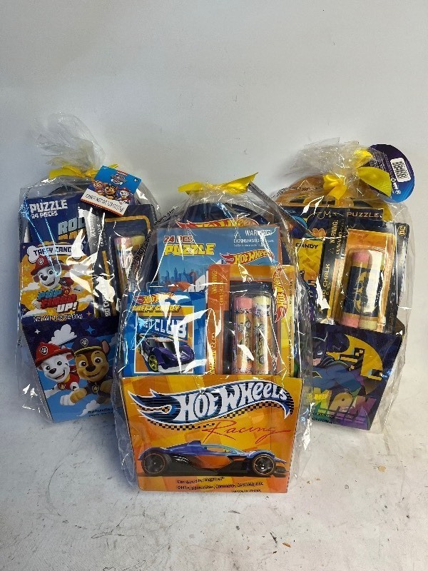 lot 50 image: 3 KIDS FAVORITES GIFT BASKETS GREAT FOR STOCKING STUFFERS - HOTWHEELS, BATMAN, PAW PATROL