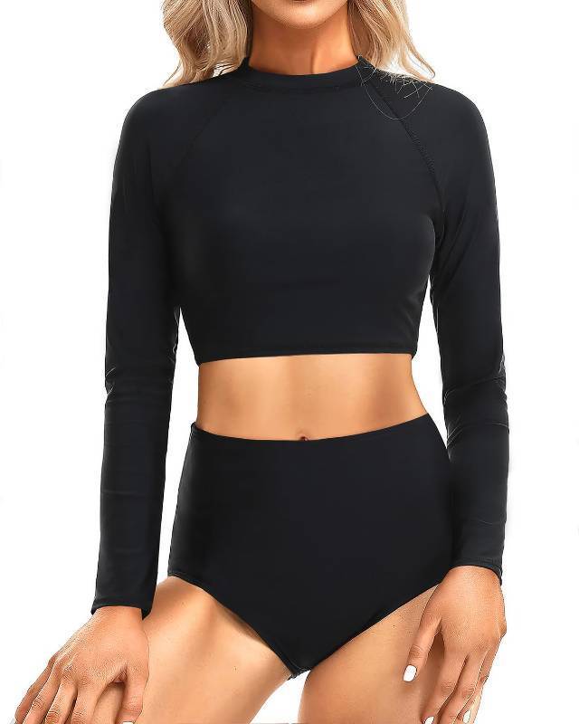 lot 2602 image: Pinup Fashion Two Piece Rash Guard Long Sleeve Bathing Suits Women Swimsuit Top with High Waist Bottom Tankini Set UV UPF 50 Black