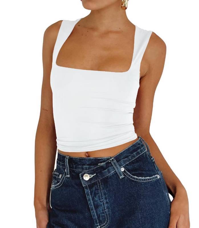 lot 2603 image: Dressmine Women Sexy Square Neck Strappy Double Lined Seamless Sleeveless Summer Cropped Tank Crop Tops White X-Large