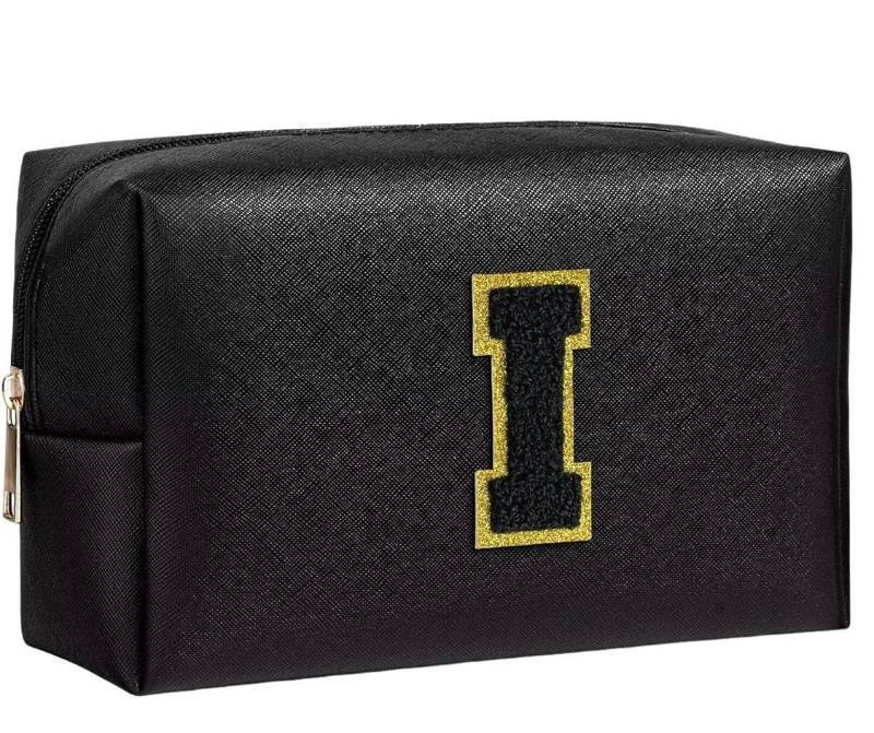 lot 2614 image: Personalized Initial A-Z Preppy Patch Makeup Bag,Small PU Chenille Letter Cosmetic Bag with Zipper for Teen Girls,Black Cute Toiletry Organizer Bag,Monogram Makeup Case Gift for Women Girls,Letter I