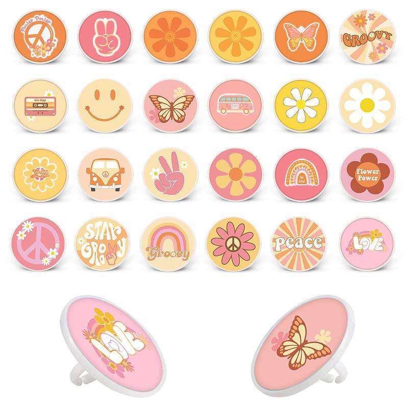 lot 2233 image: 24pcs Two Groovy Retro Hippie Boho Cake Toppers Cupcake Ring Decor for Kids Retro Hippie Boho Theme Birthday Party Supplies Baking Decorations Party Favors