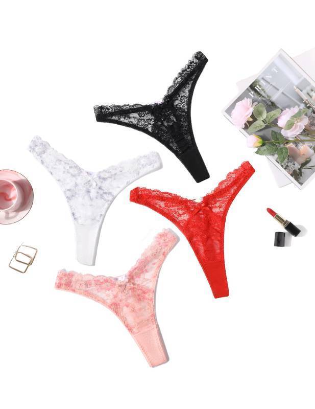 lot 2253 image: Avidlove Women 4 Packs G-string Flower Lace Panties with Bow Decor Low Rise Thongs